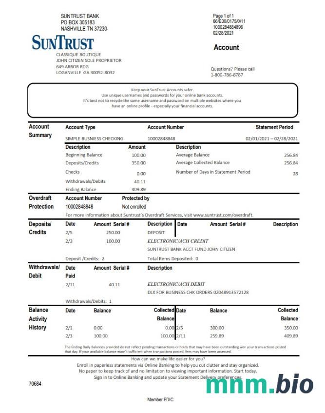 USA Georgia SunTrust Bank dowód adresu szablon oświadczenia w.doc i .format pdf